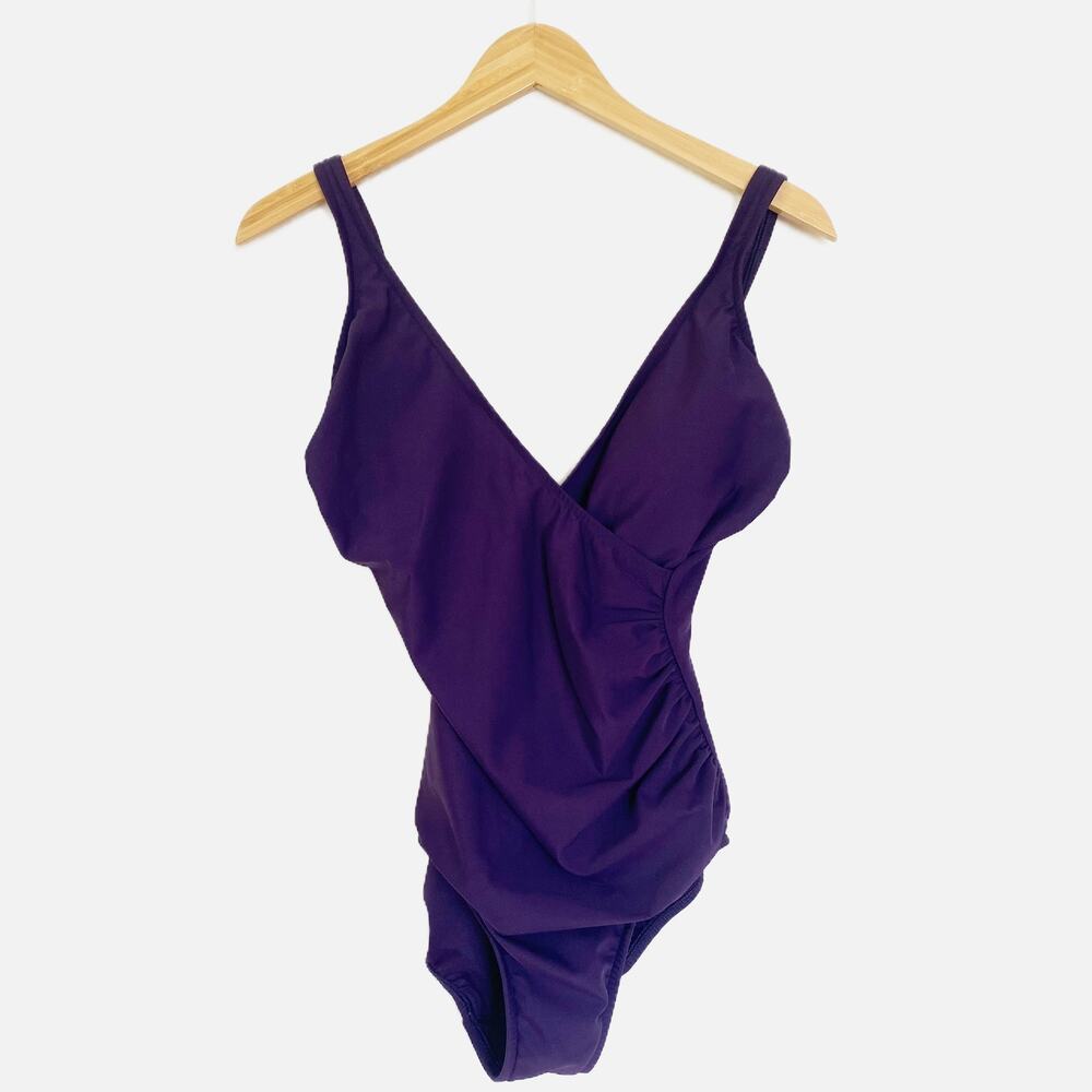 Miraclesuit V-Neck Ruched One Piece Swimsuit in Purple